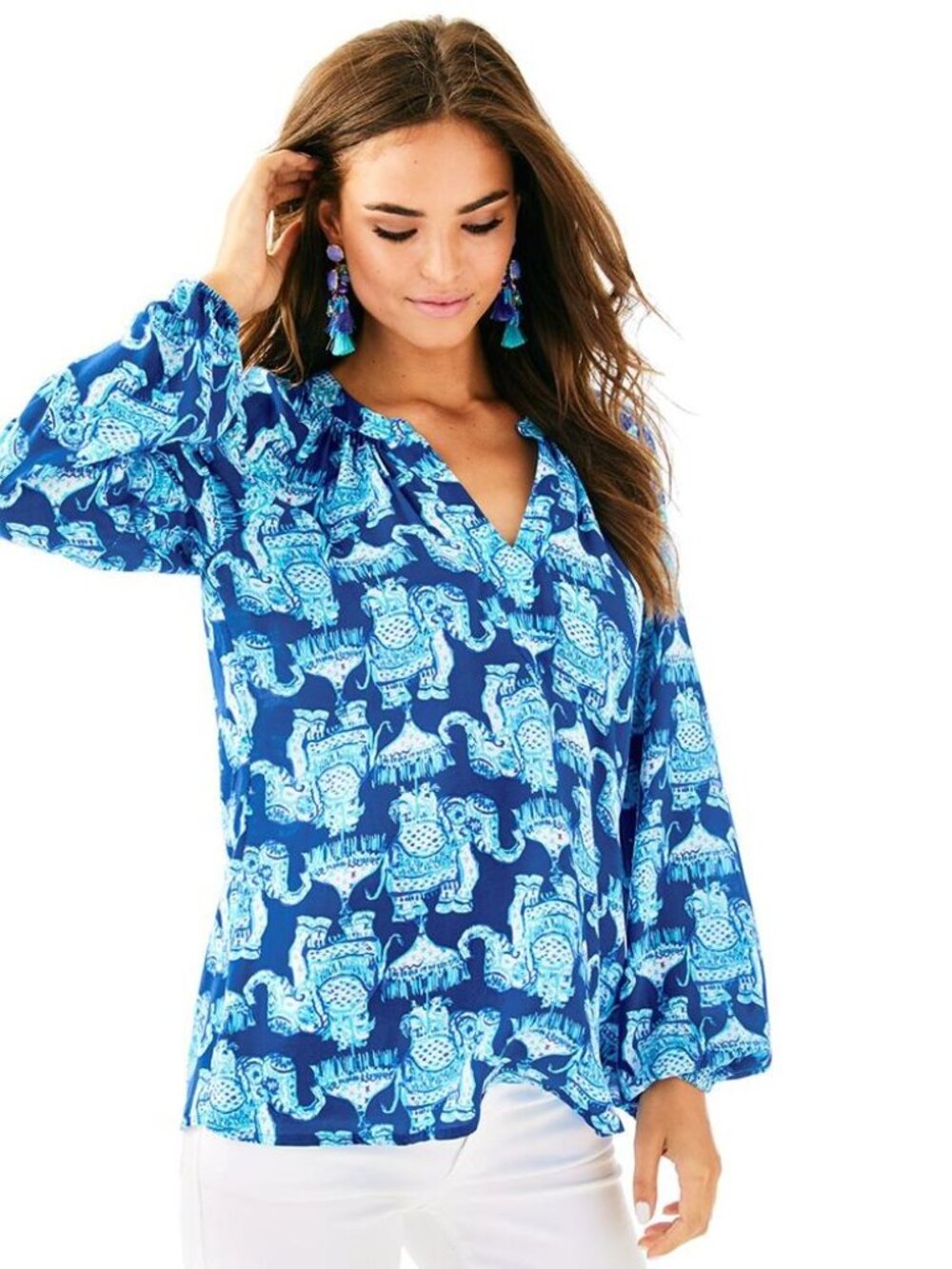 Lilly Pulitzer Martinique Blouse - Medium - Joy Ride blue elephant long sleeve